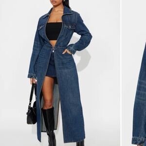 Fashion Nova medium blue wash Trench Coat floor length S NWT